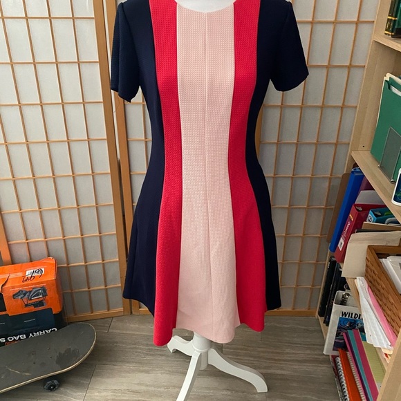 VINCE CAMUTO NAVY PINK WHITE  KNEE LENGTH DRESS Fit Flare Color-block Size 6 - Picture 2 of 6
